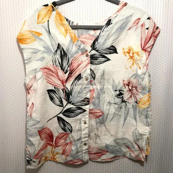 C&C CALIFORNIA 100% linen leaf print colorful shirt Size small Sleeveless - Picture 2 of 7